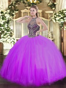 Designer Lilac Ball Gowns Beading Ball Gown Prom Dress Lace Up Tulle Sleeveless Floor Length