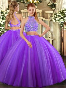 Luxury Halter Top Sleeveless Tulle Quinceanera Gowns Beading Criss Cross