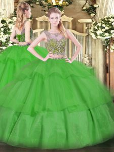 Traditional Green Lace Up Quinceanera Gowns Beading and Ruffled Layers Sleeveless Floor Length