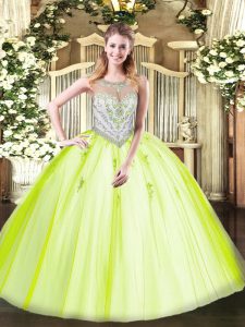 Flirting Floor Length Yellow Green 15 Quinceanera Dress Scoop Sleeveless Zipper