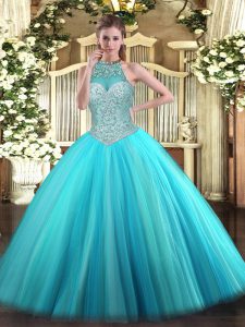 Aqua Blue Halter Top Lace Up Beading Quince Ball Gowns Sleeveless