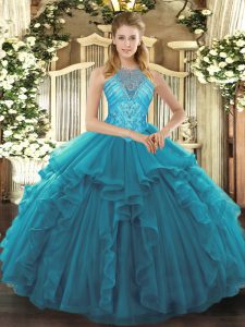 Sleeveless Lace Up Asymmetrical Beading and Ruffles Sweet 16 Dress