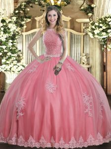 Popular Sleeveless Tulle Floor Length Lace Up Quinceanera Dresses in Baby Pink with Beading and Appliques