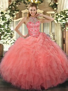 Watermelon Red Lace Up Halter Top Beading and Embroidery Quinceanera Gowns Organza Sleeveless