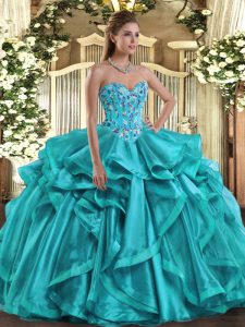 Smart Teal Sweetheart Neckline Embroidery and Ruffles Quinceanera Dresses Sleeveless Lace Up