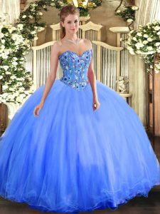 Fine Blue Ball Gowns Organza and Tulle Sweetheart Sleeveless Embroidery Floor Length Lace Up Quinceanera Gowns