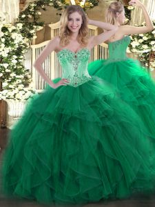 Dark Green Organza Lace Up Sweetheart Sleeveless Floor Length Sweet 16 Quinceanera Dress Beading and Ruffles