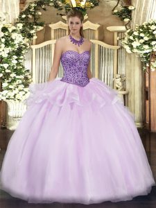 Lavender Zipper Sweetheart Beading and Ruffles Quince Ball Gowns Tulle Sleeveless