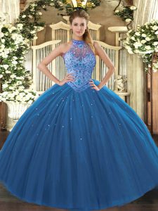 Super Sleeveless Floor Length Beading and Embroidery Lace Up Vestidos de Quinceanera with Navy Blue