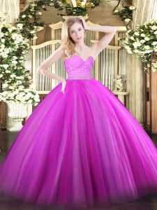 Fuchsia Ball Gowns Sweetheart Sleeveless Tulle Floor Length Zipper Beading and Lace Sweet 16 Dress