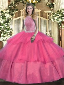 Hot Pink High-neck Lace Up Beading and Ruffled Layers Quinceanera Gowns Sleeveless