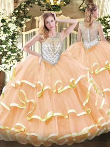 Organza Scoop Sleeveless Zipper Beading and Ruffled Layers Quinceanera Gown in Peach