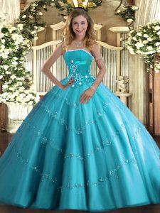 Gorgeous Aqua Blue Lace Up Quinceanera Dresses Beading and Appliques and Ruffled Layers Sleeveless Floor Length