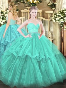 Fabulous Brush Train Ball Gowns 15th Birthday Dress Turquoise Sweetheart Tulle Sleeveless Zipper