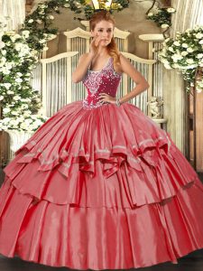 Edgy Straps Sleeveless 15th Birthday Dress Floor Length Beading and Ruffled Layers Coral Red Organza and Taffeta