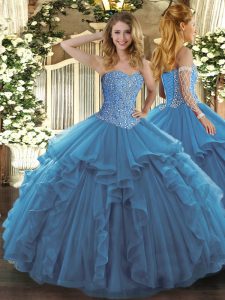 Custom Design Floor Length Lace Up Vestidos de Quinceanera Teal for Military Ball and Sweet 16 and Quinceanera with Beading and Ruffles