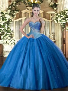 Hot Sale Blue Sweetheart Lace Up Beading Ball Gown Prom Dress Sleeveless