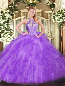 Halter Top Sleeveless Lace Up Quinceanera Dress Lavender Organza