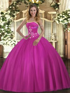 Fuchsia Ball Gowns Tulle Strapless Sleeveless Beading Floor Length Lace Up Quinceanera Gown