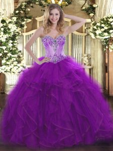 Extravagant Sleeveless Organza Floor Length Lace Up Quinceanera Dresses in Eggplant Purple with Beading and Ruffles