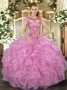 Lilac Quince Ball Gowns Sweet 16 and Quinceanera with Beading and Appliques and Ruffles Scoop Cap Sleeves Lace Up