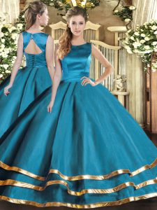 Teal Lace Up Scoop Ruffled Layers Quince Ball Gowns Tulle Sleeveless