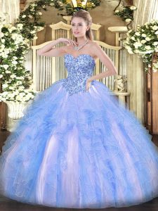 High Class Sleeveless Organza Floor Length Lace Up Sweet 16 Dresses in Blue And White with Appliques and Ruffles