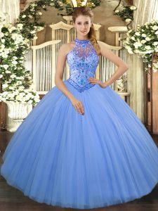 Top Selling Baby Blue Ball Gowns Halter Top Sleeveless Tulle Floor Length Lace Up Beading and Embroidery Sweet 16 Quinceanera Dress