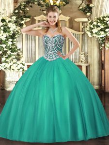 Modest Turquoise Sweetheart Neckline Beading Sweet 16 Dress Sleeveless Lace Up