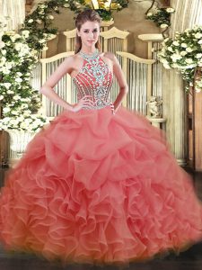 Low Price Halter Top Sleeveless Quinceanera Gowns Floor Length Beading Watermelon Red Tulle