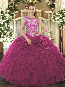 Sumptuous Fuchsia Organza Lace Up 15 Quinceanera Dress Cap Sleeves Floor Length Beading and Appliques and Ruffles