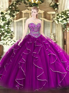 Deluxe Fuchsia Lace Up Ball Gown Prom Dress Beading and Ruffles Sleeveless Floor Length