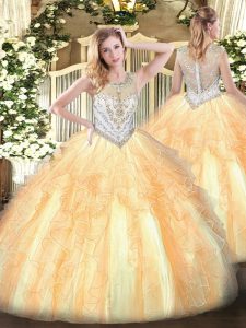 New Arrival Beading and Ruffles 15 Quinceanera Dress Gold Zipper Sleeveless Floor Length