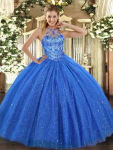 Blue Tulle Lace Up Halter Top Sleeveless Floor Length Sweet 16 Quinceanera Dress Beading and Embroidery