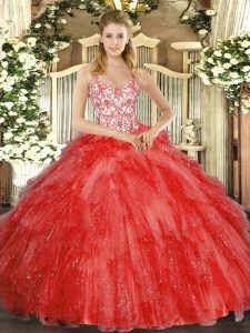 Latest Coral Red Straps Lace Up Beading and Ruffles Vestidos de Quinceanera Sleeveless