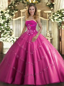 Strapless Sleeveless Tulle Quinceanera Dress Beading and Appliques Lace Up