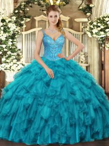 Ball Gowns Quinceanera Dresses Teal V-neck Organza Sleeveless Floor Length Lace Up