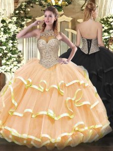 Simple Beading and Ruffled Layers Quince Ball Gowns Peach Lace Up Sleeveless Floor Length