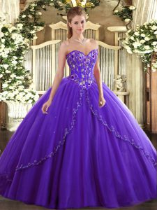 Chic Purple Lace Up Sweetheart Appliques and Embroidery Sweet 16 Quinceanera Dress Tulle Sleeveless Brush Train