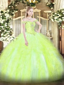 Luxury Floor Length Lace Up Quinceanera Dress Yellow Green for Military Ball and Sweet 16 and Quinceanera with Beading and Ruffles