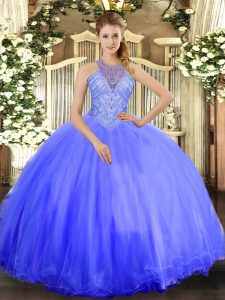 Deluxe Lavender Ball Gowns Halter Top Sleeveless Tulle Floor Length Lace Up Beading Quinceanera Gowns