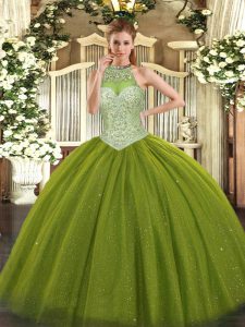 Floor Length Olive Green Quinceanera Gown Halter Top Sleeveless Lace Up