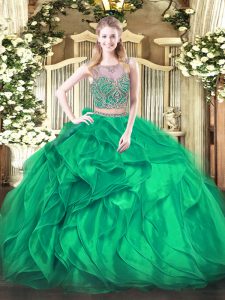 Flare Turquoise Two Pieces Scoop Sleeveless Organza Floor Length Lace Up Beading and Ruffles Quinceanera Dress