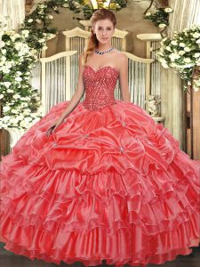 Coral Red Lace Up Sweetheart Beading and Ruffles and Pick Ups Sweet 16 Quinceanera Dress Organza Sleeveless