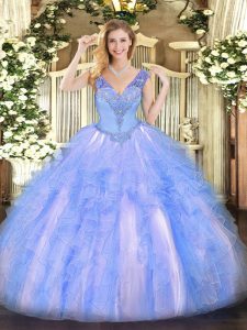 Ball Gowns Sweet 16 Dresses Light Blue V-neck Organza Sleeveless Floor Length Lace Up