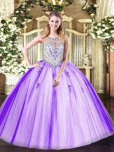 Unique Lavender Sleeveless Beading and Appliques Floor Length 15 Quinceanera Dress