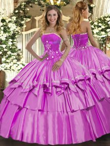 Fabulous Strapless Sleeveless Sweet 16 Dresses Floor Length Beading and Ruffled Layers Lilac Organza and Taffeta