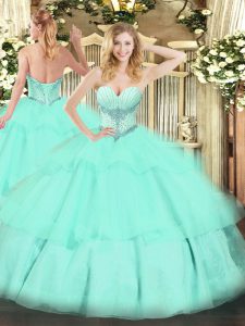 Delicate Apple Green Sweetheart Neckline Beading and Ruffled Layers 15th Birthday Dress Sleeveless Lace Up