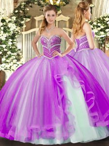 Customized Sweetheart Sleeveless Tulle Quinceanera Dress Beading and Ruffles Lace Up