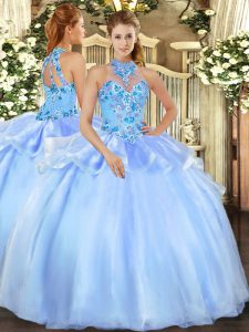 Chic Floor Length Lace Up 15 Quinceanera Dress Baby Blue for Military Ball and Sweet 16 and Quinceanera with Embroidery